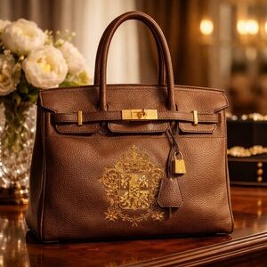 Elegant Brown leather and coat of arms embroidered gold Shoulder Bag